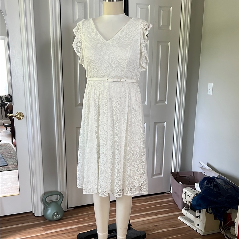 White Flutter Sleeve Lace V-Neck Midi Sundress